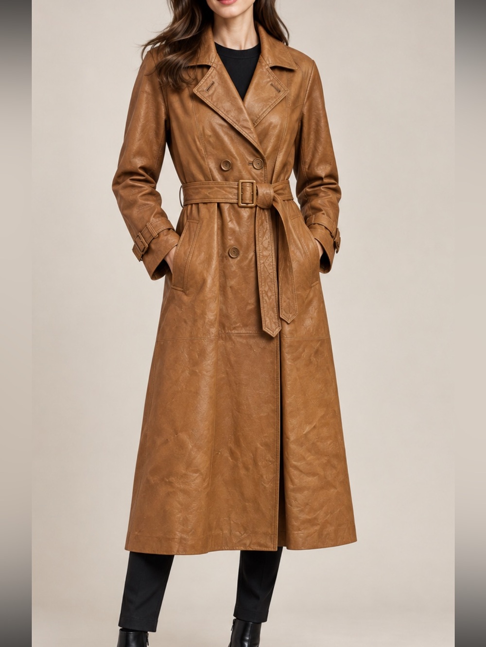 NWT Women's Tan Leather Trench Coat with Belt